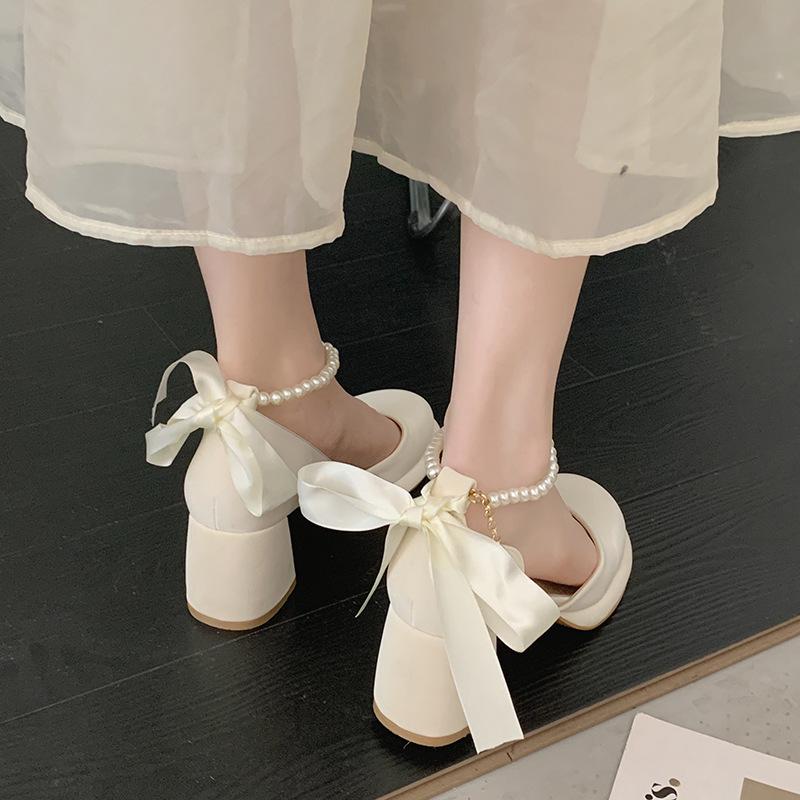 Gentle and Simple Bow Small Thick Heel High Heels Women's 2025 New Summer Pearl French Mary Jane Shoes