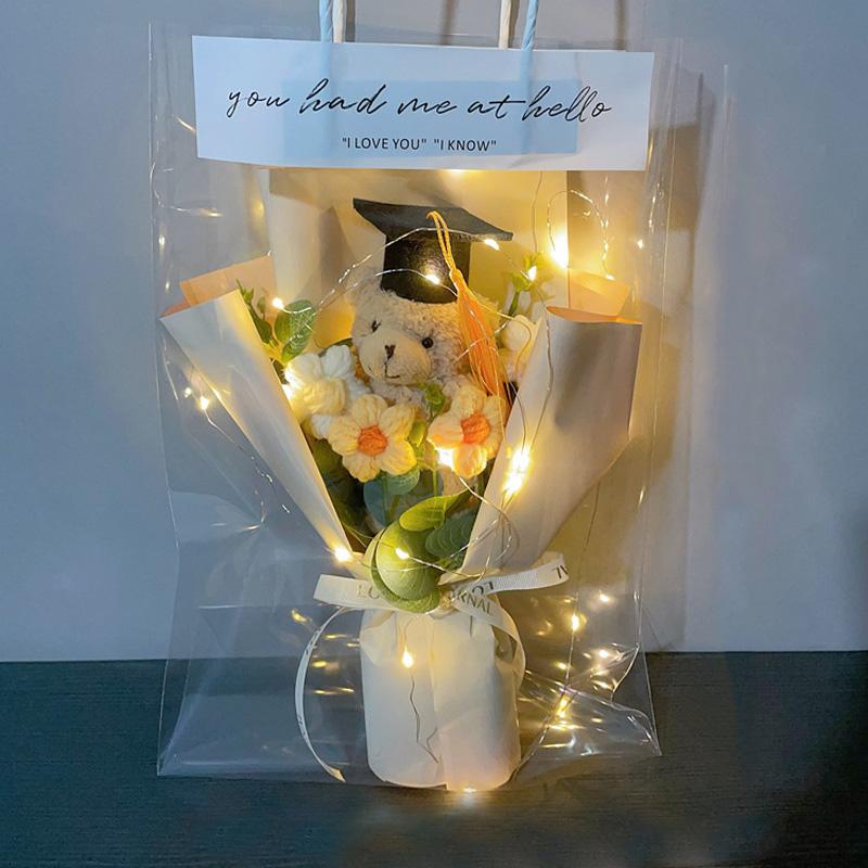 1Pc Party Decor DIY Plush Toy Mini Graduation Bouquet Student Gift Little Bear Knitted Sunflower Crochet Flower