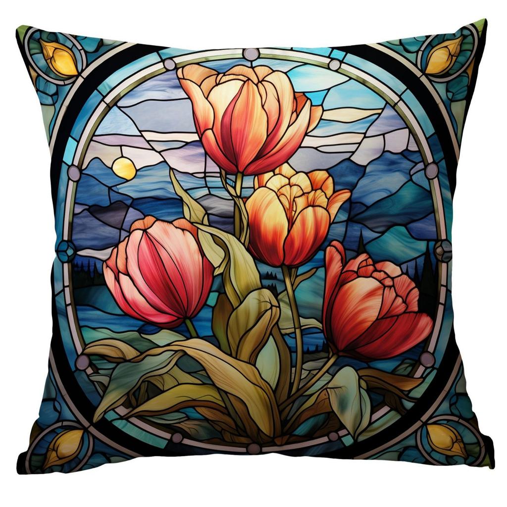 New Vintage Floral Pillowcase Creative Colored Glass Printed Home Sofa Car Cushion Pillowcase