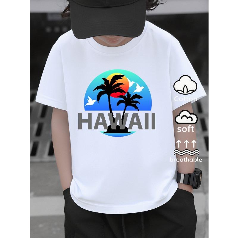 European sizes Boys' T-Shirt Hawaiian Sunset Palm Trees Birds Island, Ideal for Outdoor Activities, Soft Knitted Top, Comfortable And Breathable