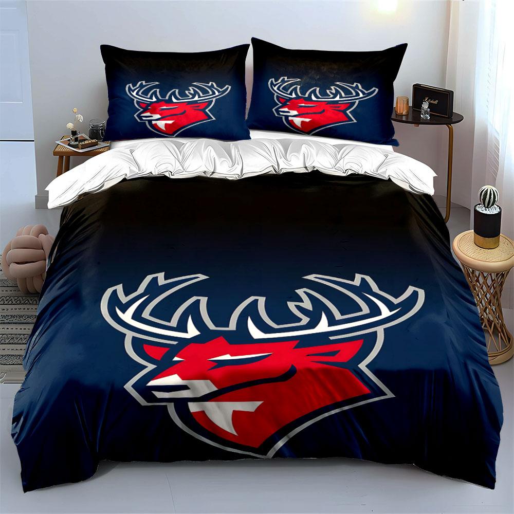 Red Deer Head Logo on Dark Blue Gradient Print Bedding Set Duvet Cover Pillowcases (1* Duvet Cover 2* Pillowcases Do Not Include Comforter)