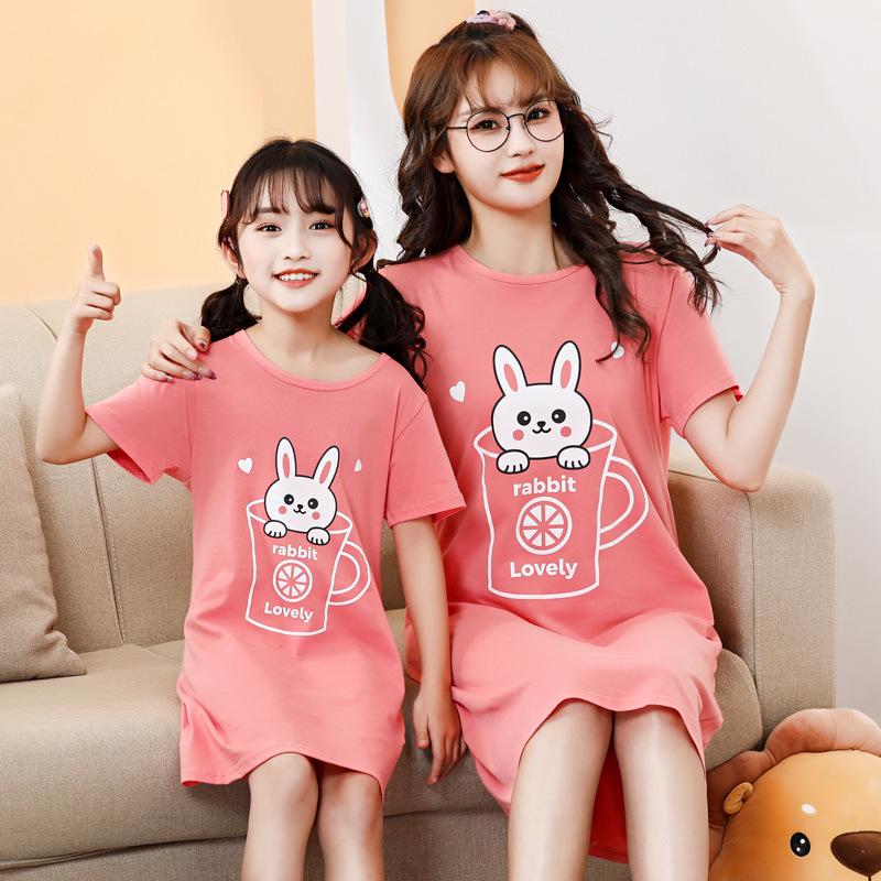 Girls' Summer Cartoon Short Sleeve Pajamas - Cute Parent-Child Cotton Nightdress