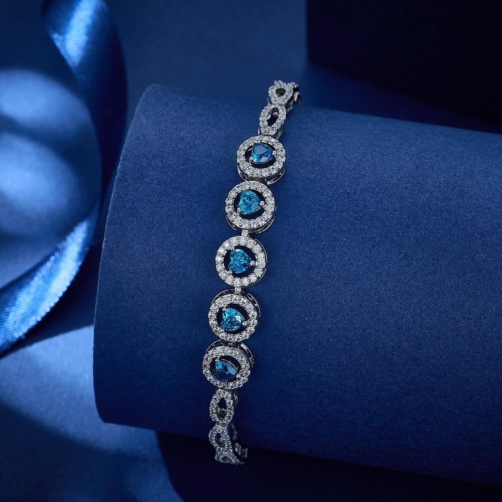 Hollow Blue Heart Zircon White Round Cubic Zirconia Rhodium Plated Women Hand Bracelets