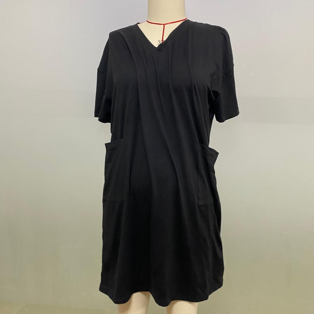 Summer Plus Size V Neck Short Sleeve Knee Pocket Print Casual Dress For Women