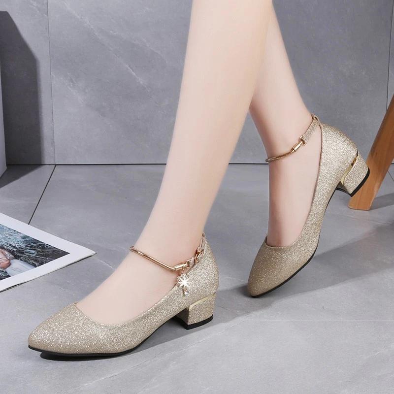 Fashion Women Wedding High Heel Shoes Silver Black Ankle Strap Crystal Shallow Chunky Block Heel Pumps Lady Heels Mary Jane Shoes