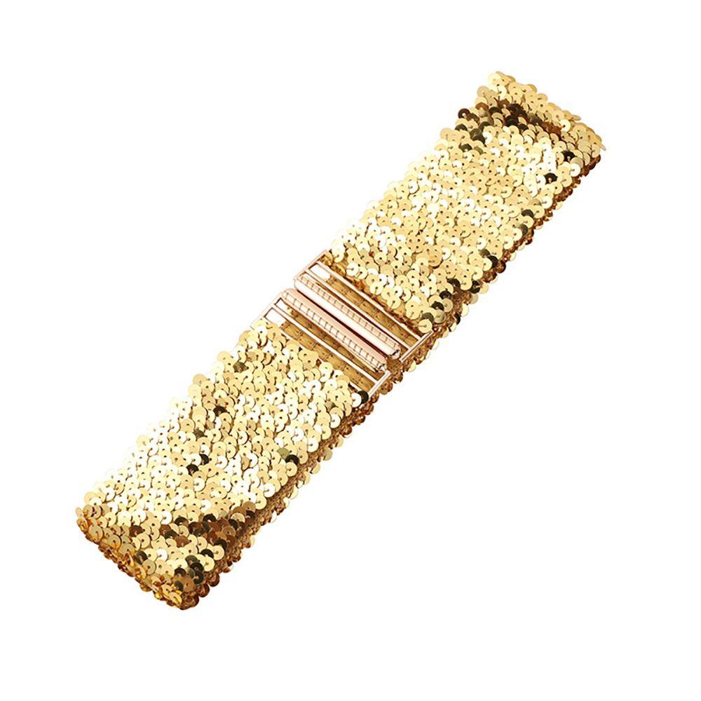 Eye Catching Shinny Waistband Gold Buckle Disc Belts Special Design Sequin Stretch Belt Women Girl