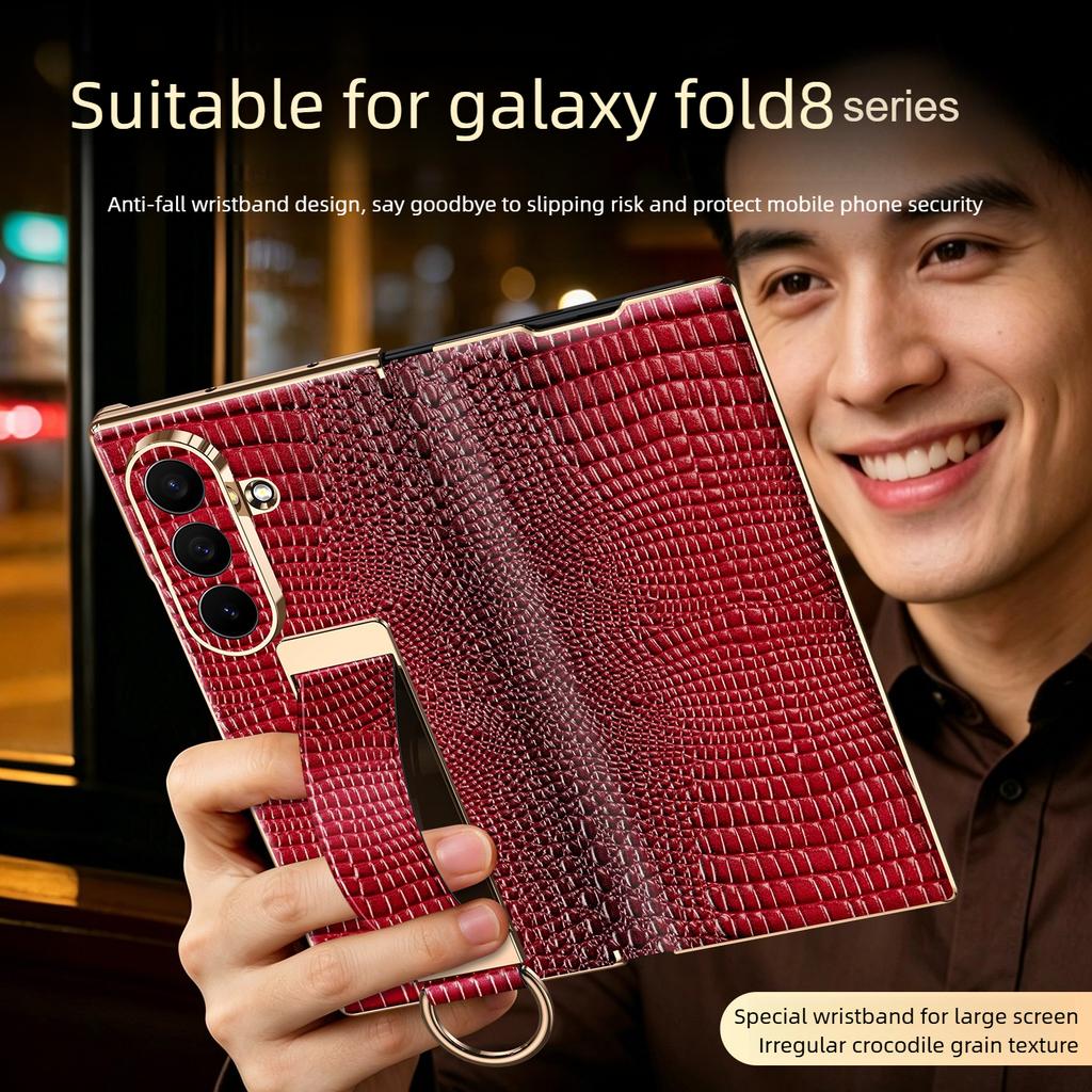 Luxury Genuine Leather Magnetic Flip Case for Samsung Z Fold 8 & Fold8 Ultra Fold7 Dual Hinge,Wrist Strap Ring Holder Stand Case