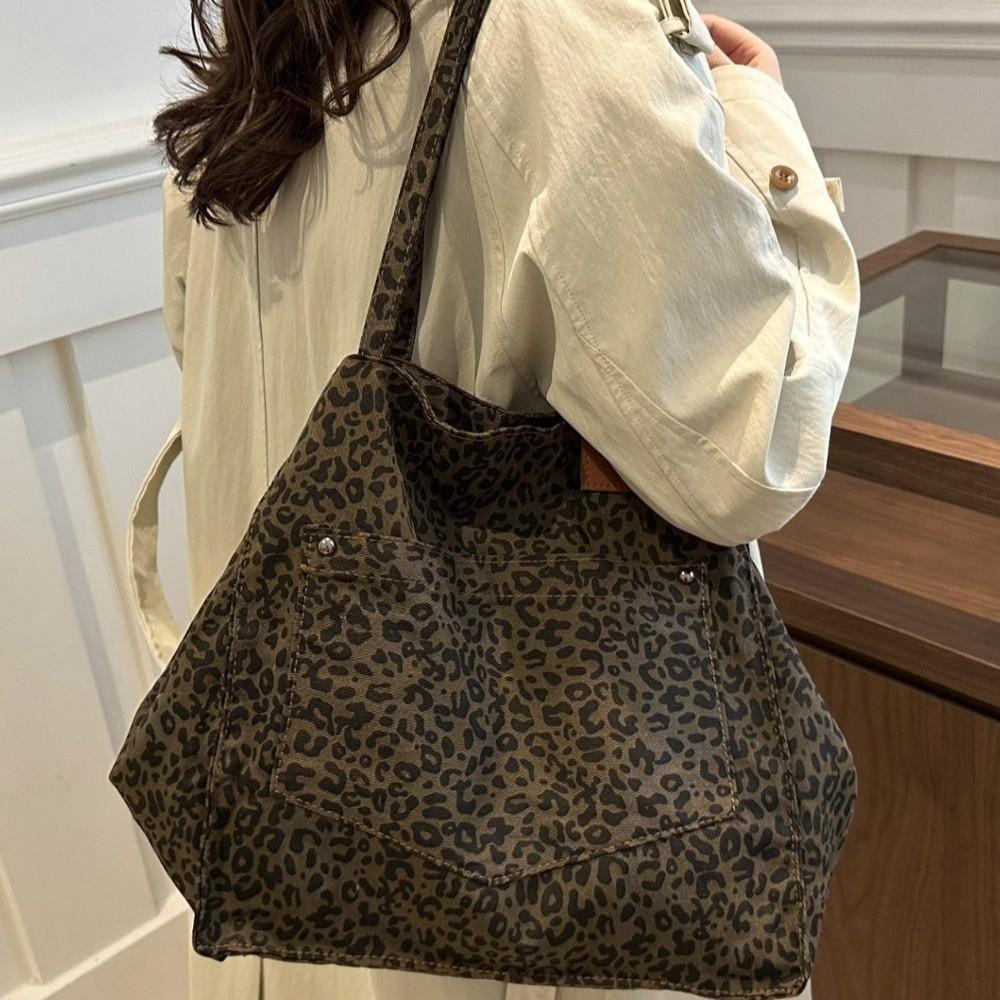 Large Capacity Leopard Print Shoulder Bag Square Women Handbag Simple Canvas Tote Bag Girls