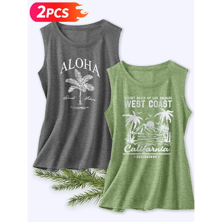 Follow a specific direction Two-piece women's sleeveless vest with vintage print Summer casual wear Hawaii ALOHA West Coast Cute Essential fashion