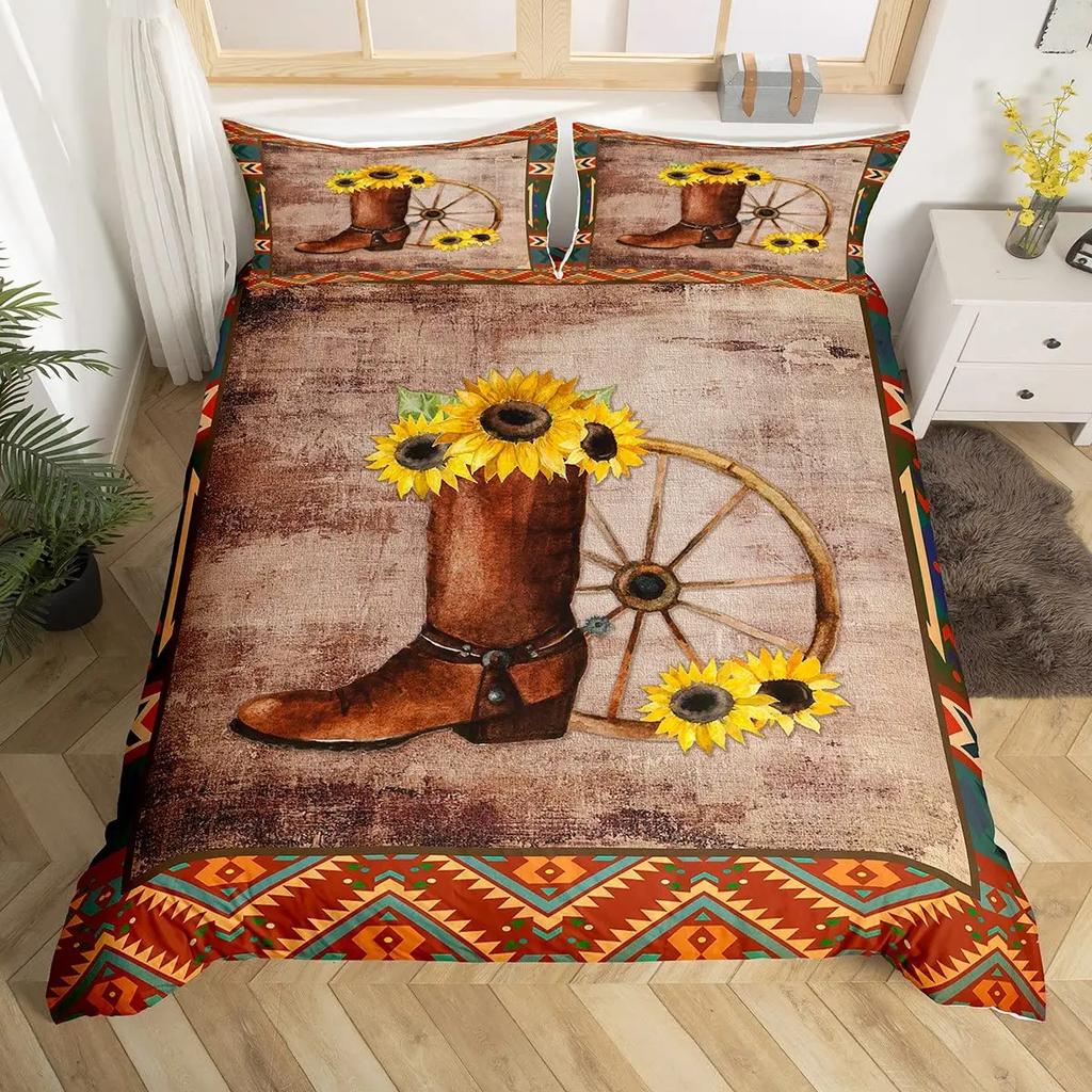 Пододеяльник в стиле вестерн-ковбой, комплект постельного белья Twin King Cowboy Boots Hat Floral Exotic Farmhouse Cowboys Patchwork