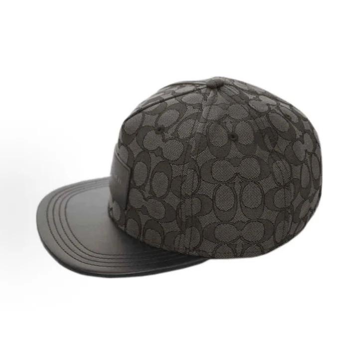 coach Signature Flat Brim Baseball Hat, Allover Black C Monogram Print Genuine Leather Brim Hard Crown Luxury UV Protection Street Skate Cap