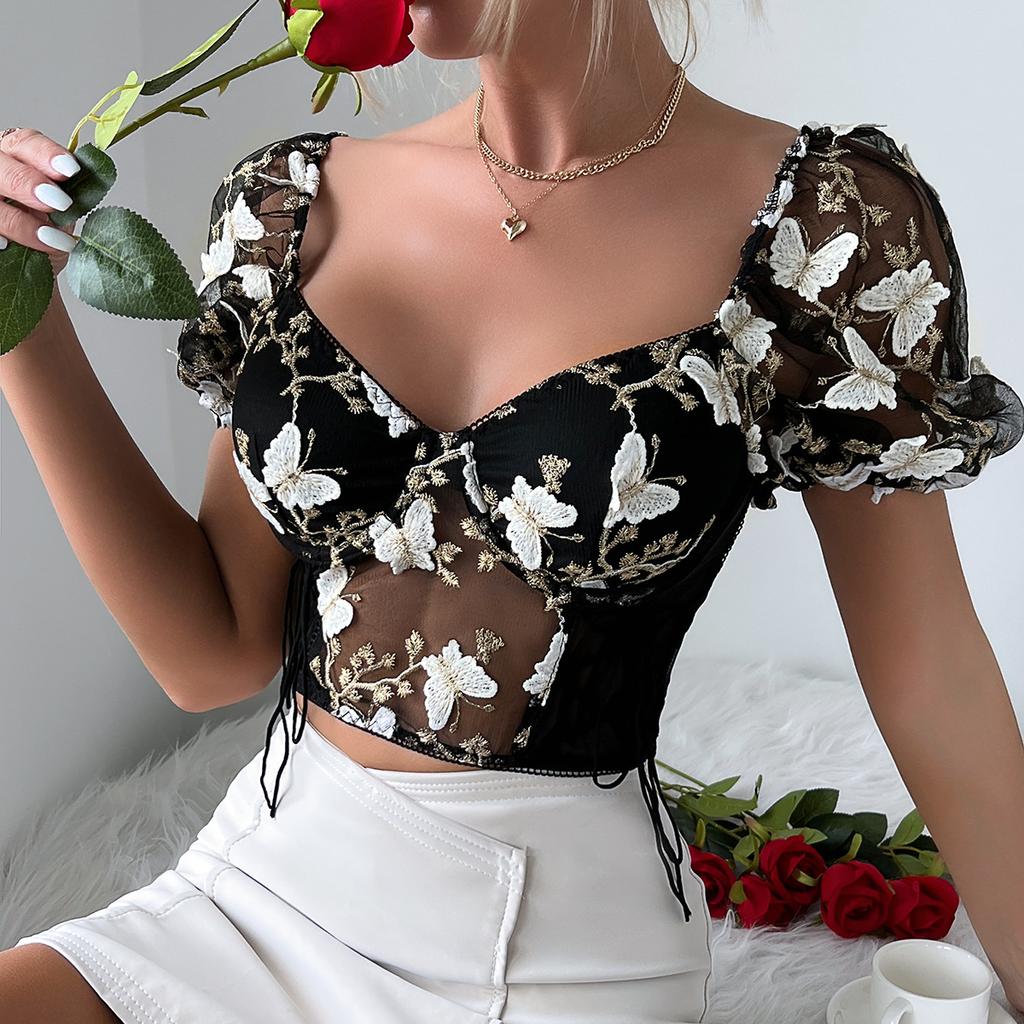 Casual V Neck  Shirt  Mesh Short Sleeve Crop Top Women Embroidered ButterflyT-shirt  Backless Tank Top Slim Female Crop Top Fashion Tee Shirt Y2k