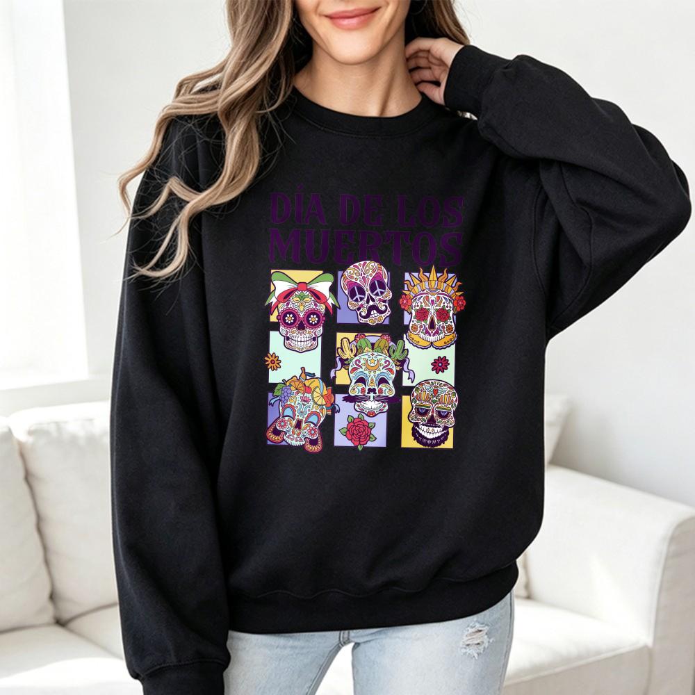 Día De Los Muertos Crewneck Hoody Day of the Dead Sugar Skull Design Sweatshirt La Catrina Mexican Halloween Women's Pullover
