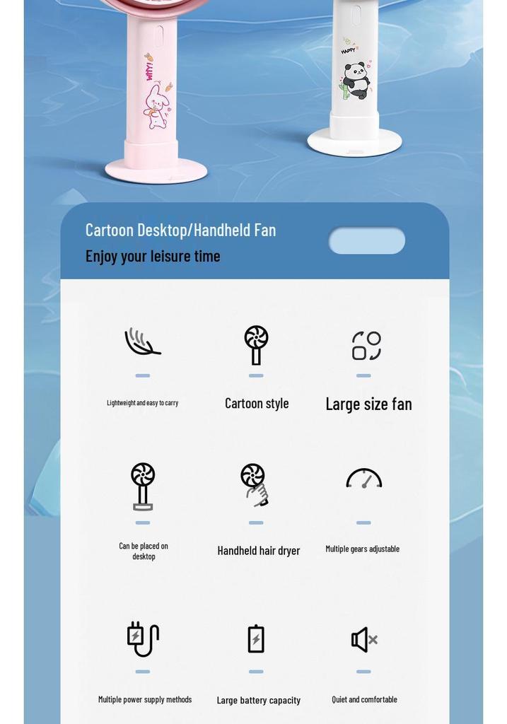 2026 Desktop & Handheld Cartoon Fan with Multi-Speed and Phone Holder – Large Brushless Strong Wind Model