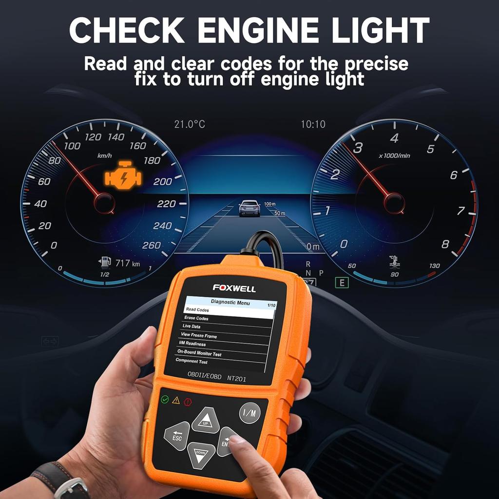 FOXWELL NT201 OBD2 Сканер Читатель Кодов для Автомобилей и Грузовиков - Сброс Индикатора «Проверьте Двигатель», Чтение и Удаление Кодов Неисправностей, Инструмент Диагностики Данных в Реальном Времени для Всех