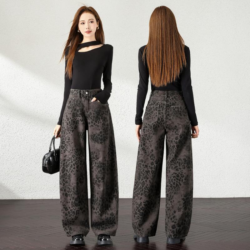 Retro leopard print scimitar jeans pants women's spring and autumn new high-waisted loose wide-footed pants casual floor-mopping trousers