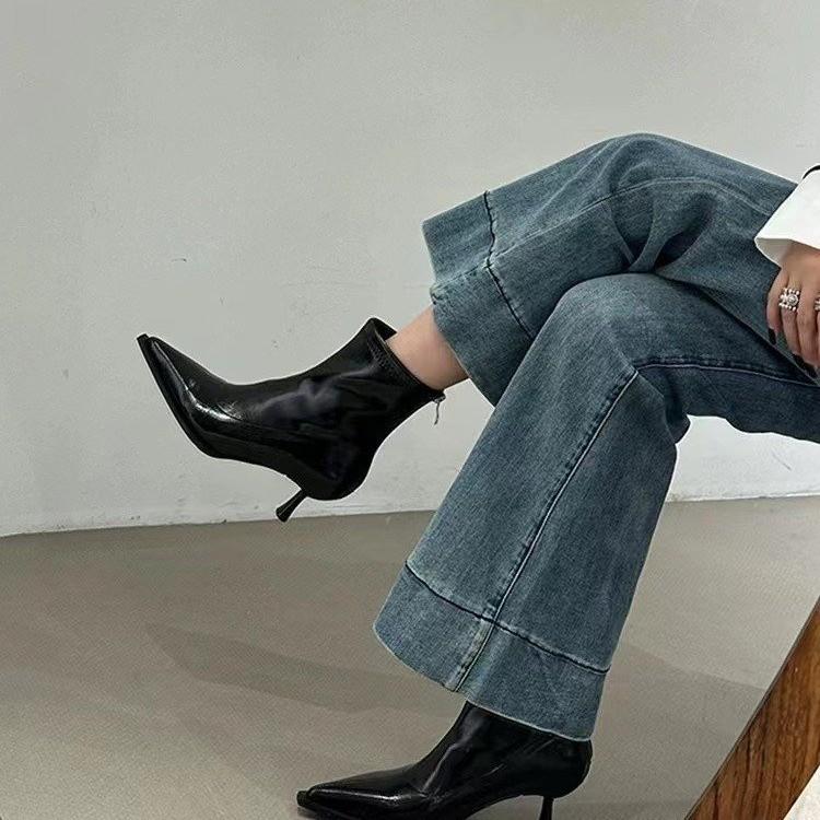 Мода 2024 Осень Новые женские остроносые высокие каблуки короткие сапоги тонкие каблуки дополнительная флисовая подкладка средние сапоги Followfashion женские