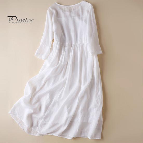 Весеннее летнее платье с вышивкой и рукавом девятого цвета, свободное платье миди с круглым вырезом, легкое платье для офиса, летней пляжной вечеринки