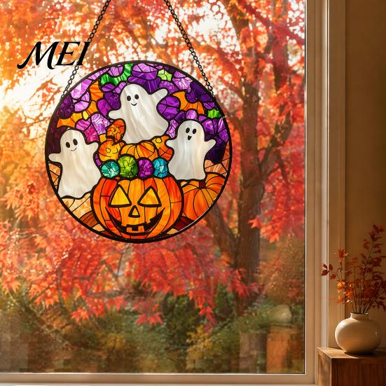 Halloween Window Decorations Stained Glass Suncatcher Ornament, Vintage Hanging Decor with Pumpkin Ghost Bat Witch Unique Holiday Art Hat Pattern,