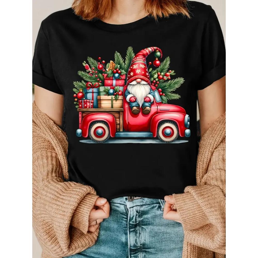 Women's Christmas Dwarf Pattern T-shirt Short Sleeve Round Neck Casual Top Washable Holiday Party Women's Clothing