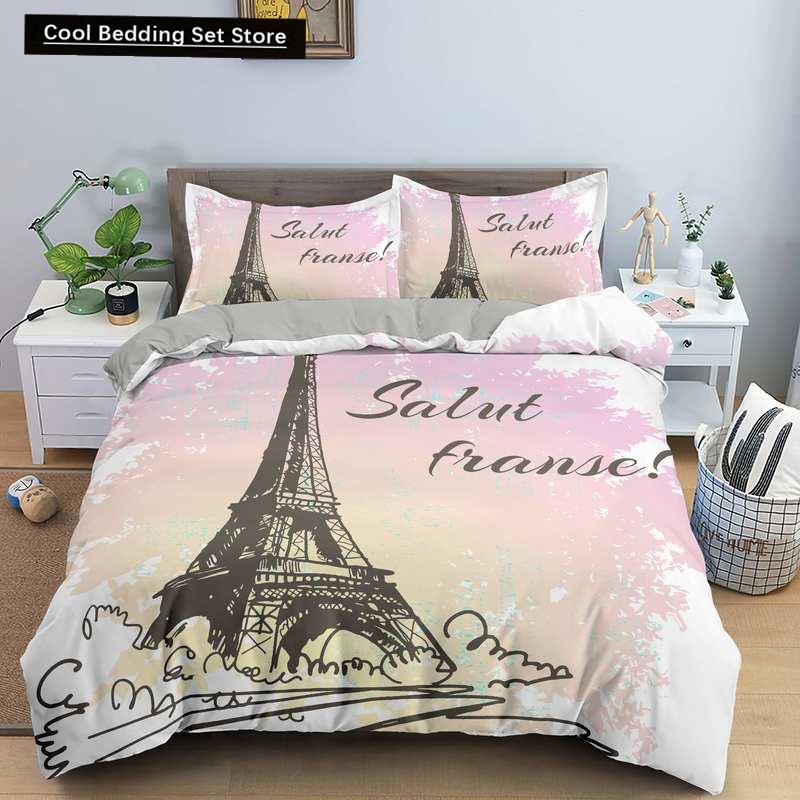 Пододеяльник с изображением парижской башни King Queen Знаменитые здания во Франции Комплект постельного белья для взрослых Розовый Романтический 2/3 шт. Полиэстеровый пододеяльник