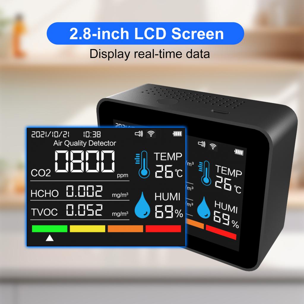Монитор качества воздуха в помещении 12 функций WiFi Термометр Гигрометр WiFi для приложения Tuya Smart с 2,8" цветным дисплеем Поддержка Alar