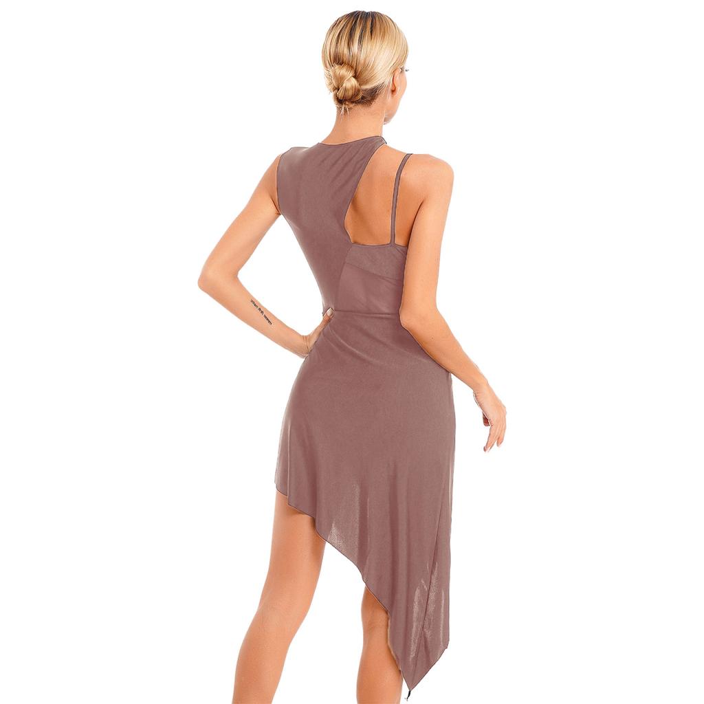 Женская одежда для выступлений, танцевальная одежда, сетчатое лоскутное платье с высоким низким лирическим сценическим платьем для самбы