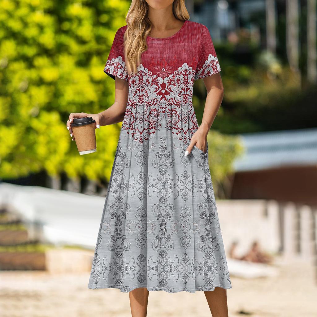 Women's Casual Cute Pattern Print Round Neck Midi Dress Basic Classic Outdoor Everyday Short Sleeve Loose Dress