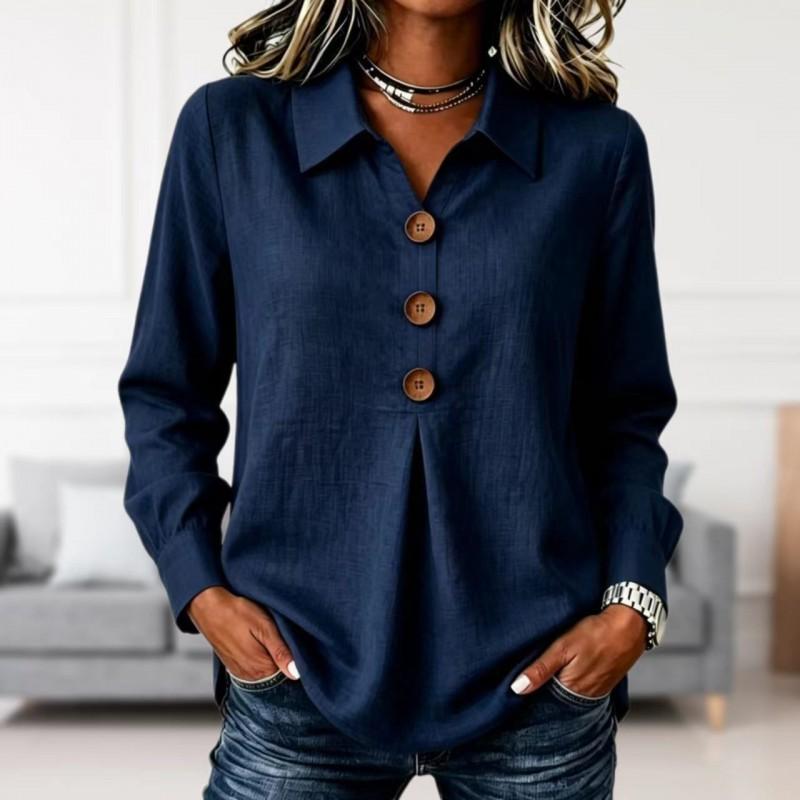 Womens Solid Color Button-Down Long Sleeve Shirt Collar Top Loose Fit Office Casual 2026
