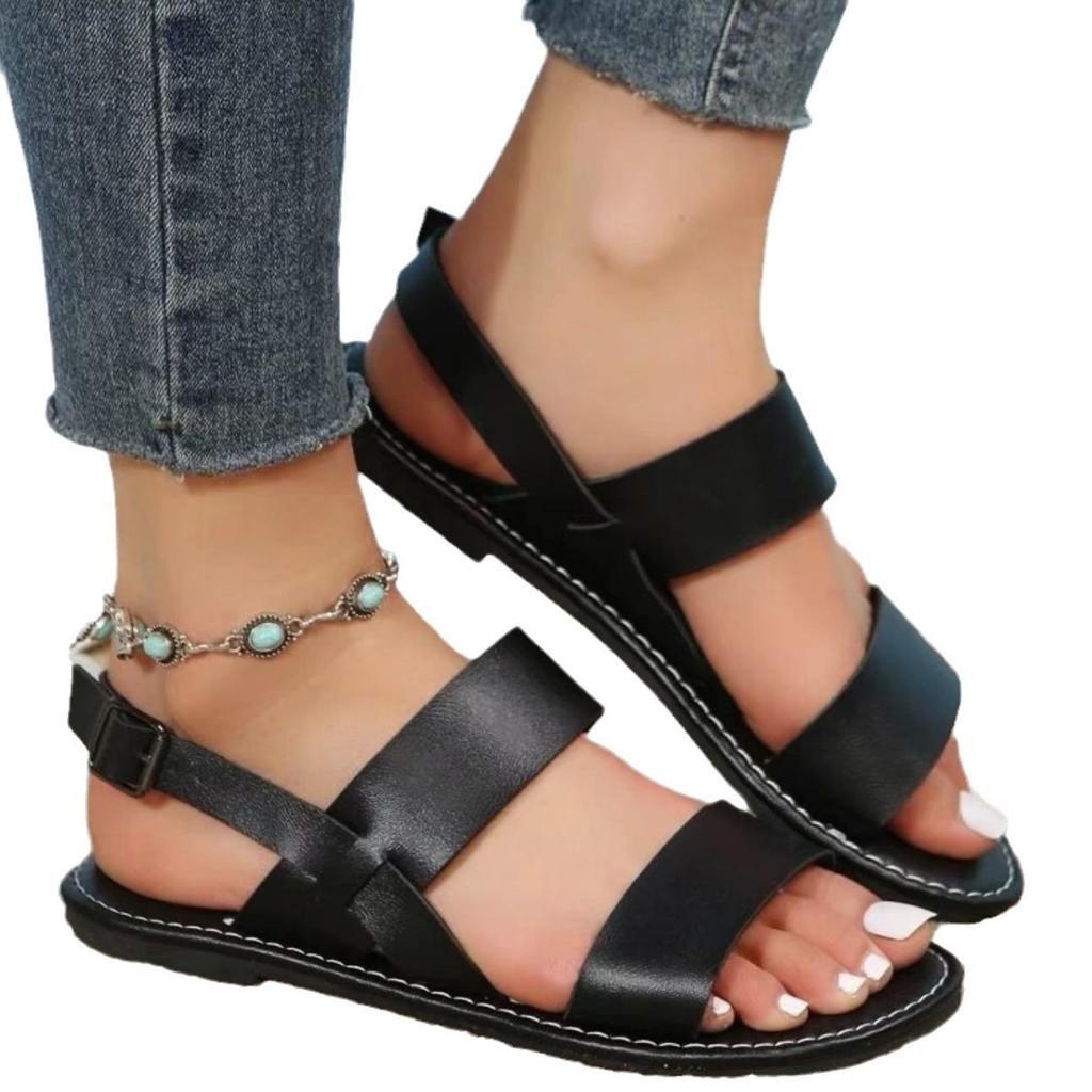 Сандалии на плоской подошве женские летние 2024 года новые с пряжкой в виде рыбьего рта с одним словом для повседневной носки женские сандалии больших размеров