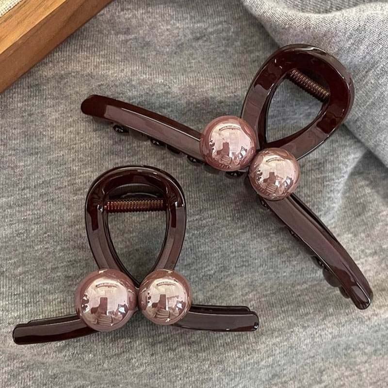 Vintage Coffee Round Bead Hair Claw for Women Girls Exquisite Plastic Shark Clip Big Hair Grab Headwear Jewelry Accessories