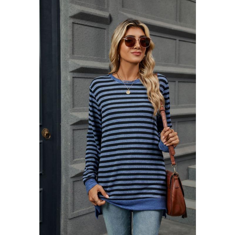 Осенне-зимняя женская блузка больших размеров в полоску с круглым вырезом и длинными рукавами, свободный топ
