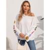 Women's Autumn Winter Line Neck Off-the-shoulder Loose Top Mixed Color Hook Flower Sweater