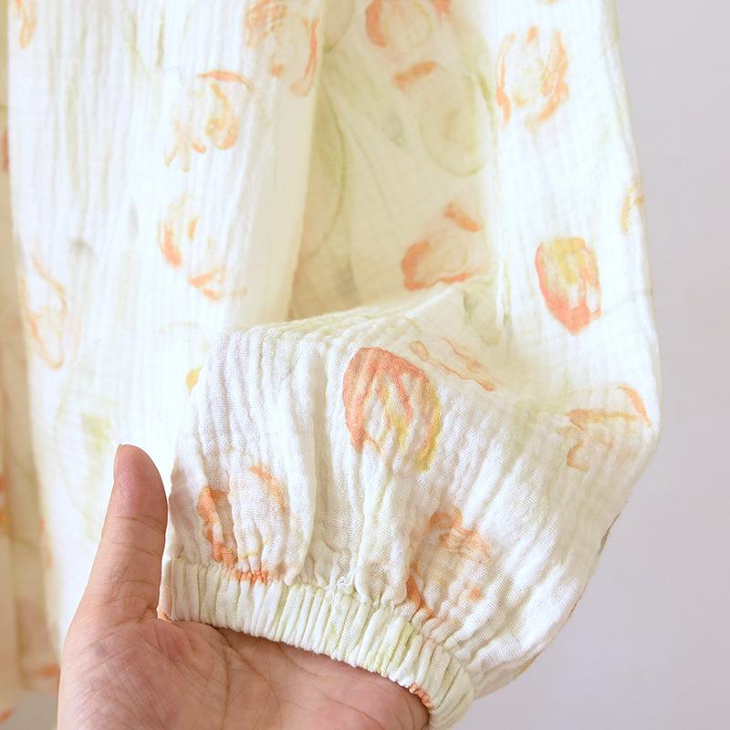 Весенне-осенний женский пижамный комплект из 100% хлопкового крепа с длинными рукавами и длинными брюками, комплект из двух предметов, воротник-стойка, домашняя одежда