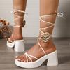 Fashion Flower Decor High Heel Sandals for Women Summer Cross Tied Platform Gladiator Sandals Woman Fashion Chunky Heeled Party Shoes