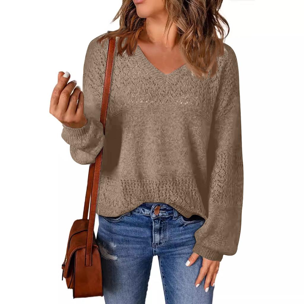 Модный свитер женский осенний однотонный пуловер свободный V-образный вязаный топ