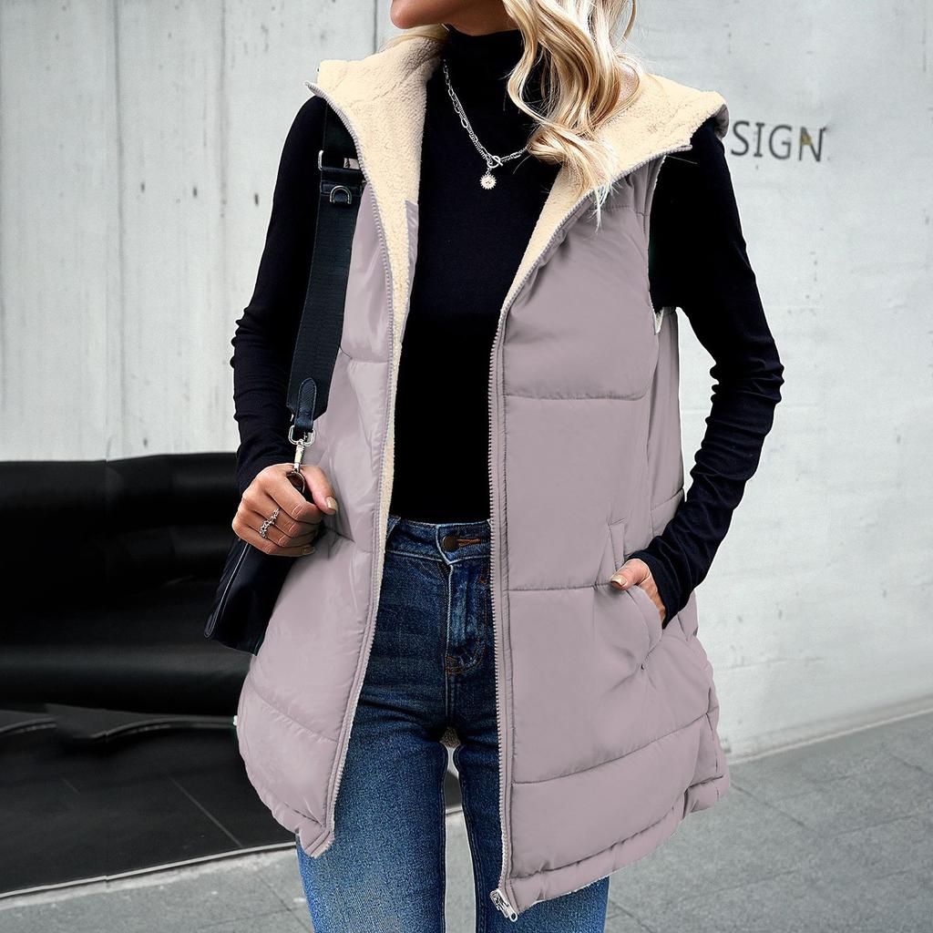 Women's Fashion Solid Color Double-sided Wearing Cotton-padded Coat Winter Loose Commuter Mid-length Hooded Cotton-padded Coat
