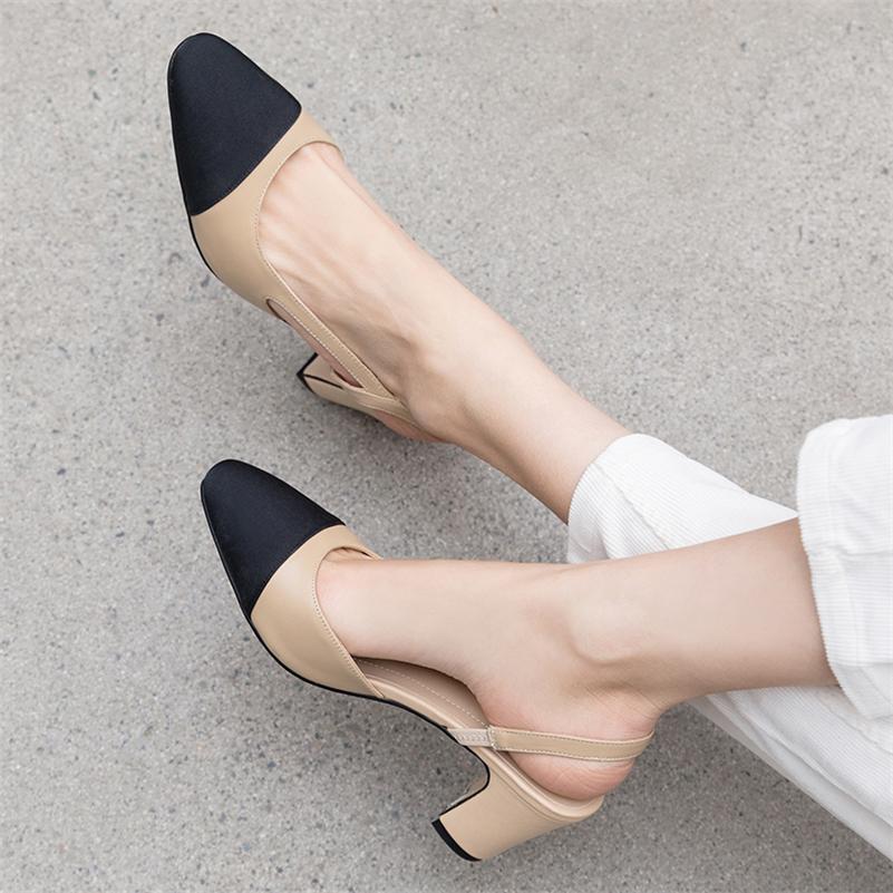 Meotina Women Slingback Shoes Genuine Leather Thick Heels Pumps Round Toe Causal High Heel Ladies Footwear 2022 Spring Apricot