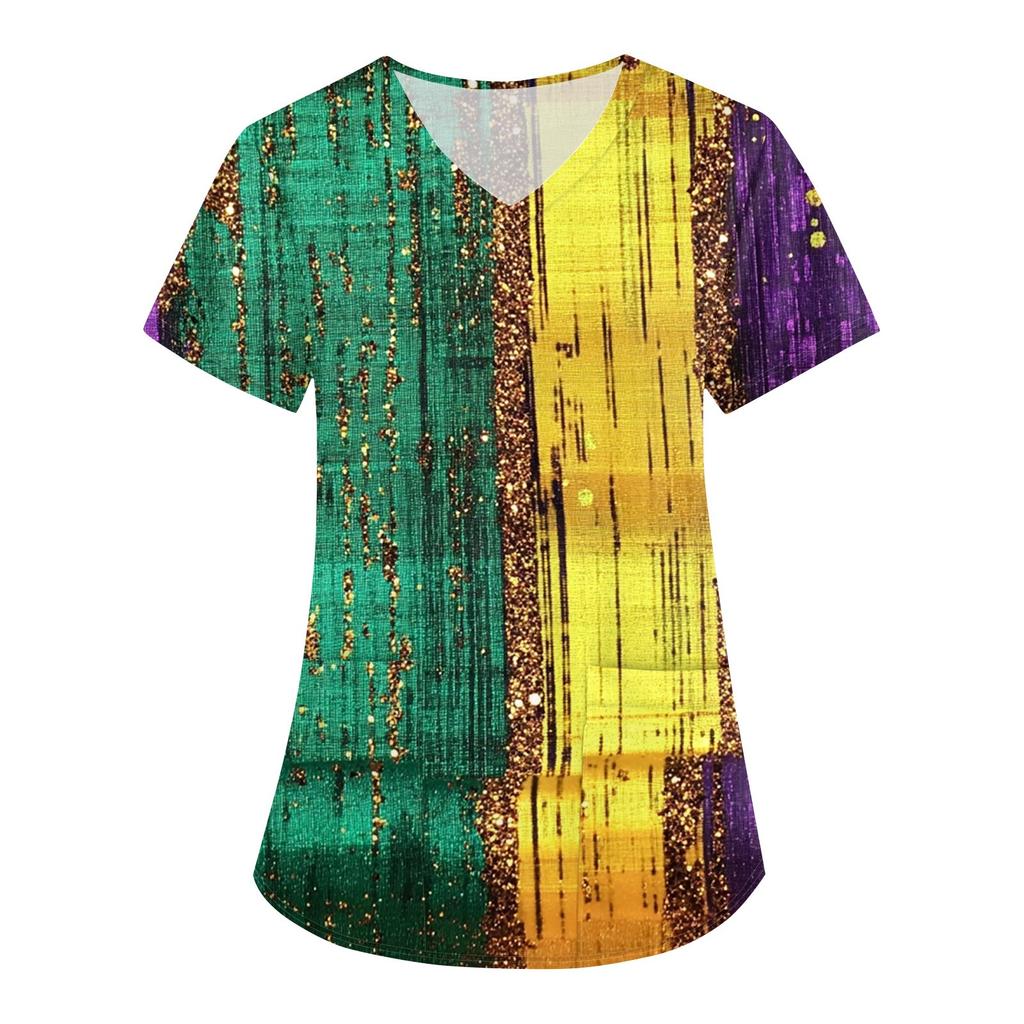 Женская карнавальная принтовая свободная униформа с V-образным вырезом и карманом с коротким рукавом