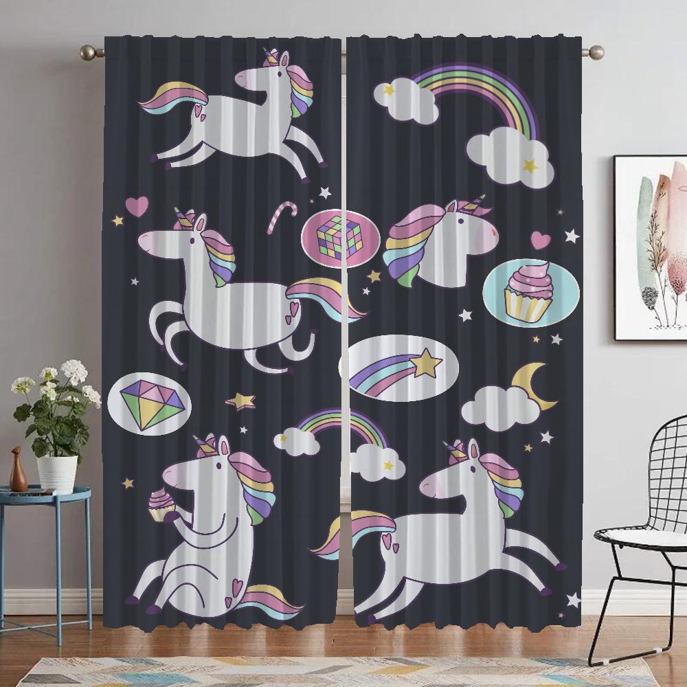 Кухонные шторы для гостиной, занавеска с изображением единорога, занавески для домашнего интерьера, 2 шт., украшения на Хэллоуин, затемненные шторы
