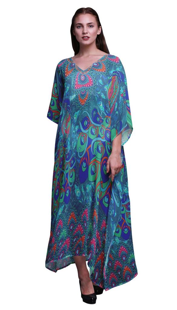Phagun Peacock Bird Long Caftan Maxi Dress Beach Swimwear Cover Up Womens
