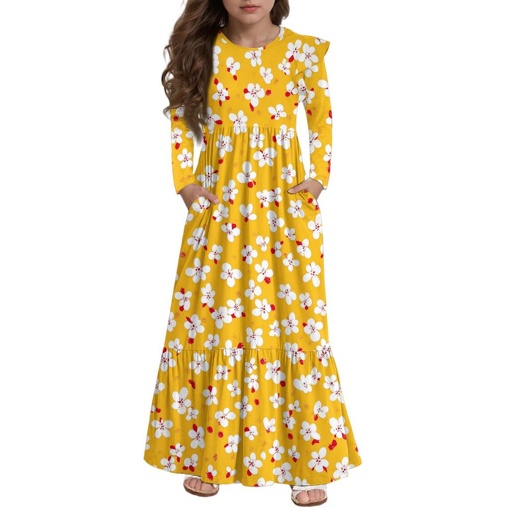 Girls' Tiered Ruffle Dress - Long Sleeve Printed Maxi With Pockets
