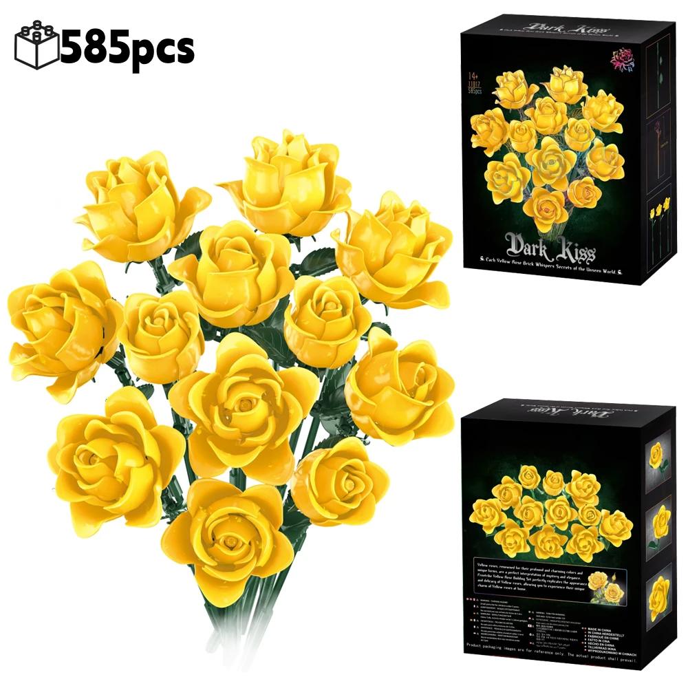 585Pcs Gothic Black Pink Blue Rose Flower Bouquet Building Blocks Set Creative Decoration Valentine Gift Idea Beautiful Box