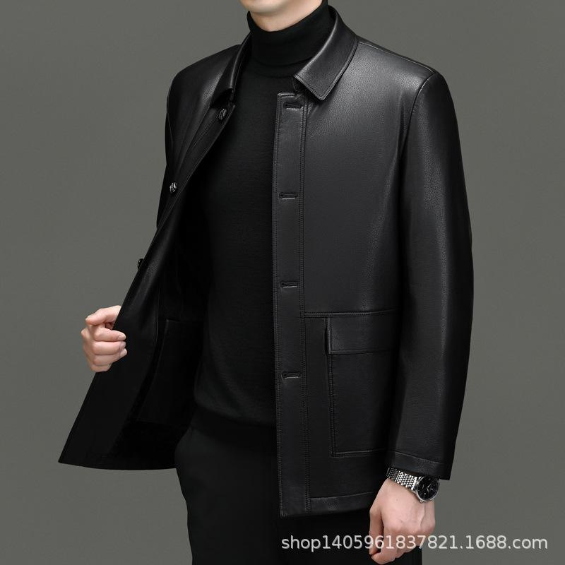 Новые осенние и зимние куртки из натуральной кожи Мужские кожаные куртки средней длины с лацканами для людей среднего и пожилого возраста Куртки для пап