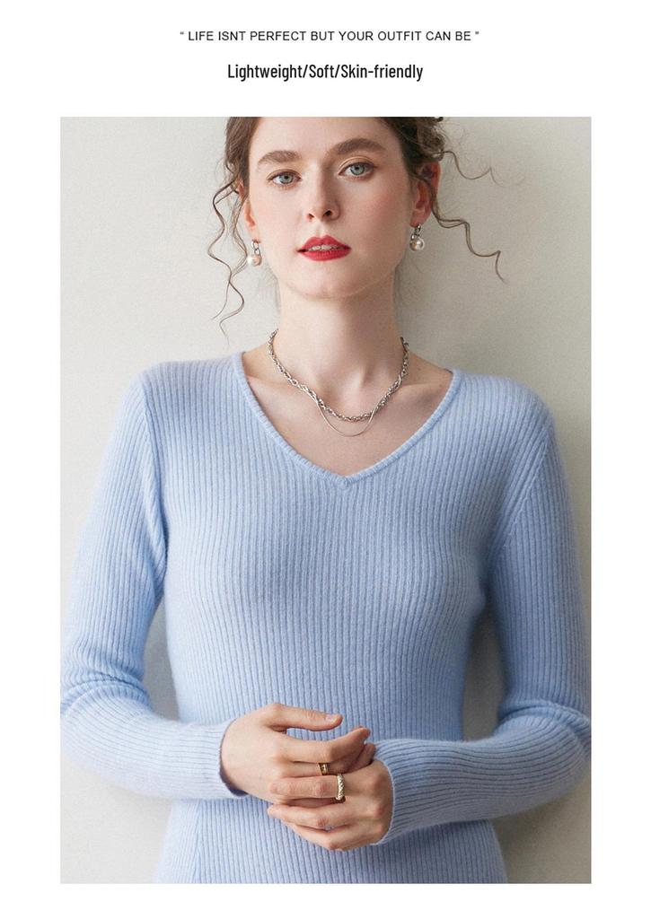 Women's Slimming V-neck Cashmere Knit Dress - Long Wool Dress for Autumn/Winter
