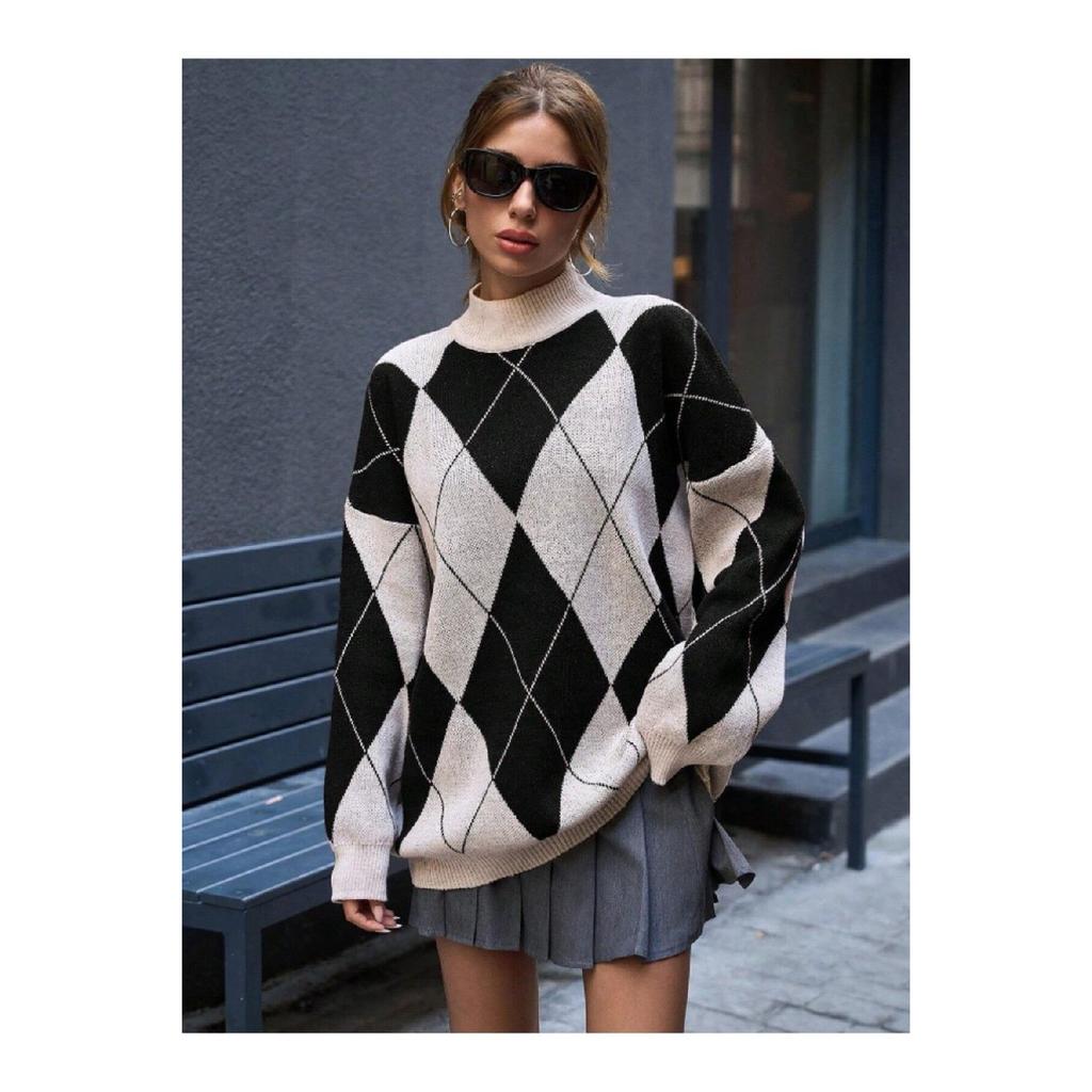 Women's Diamond Patterned Black High Collar Knitwear Sweater