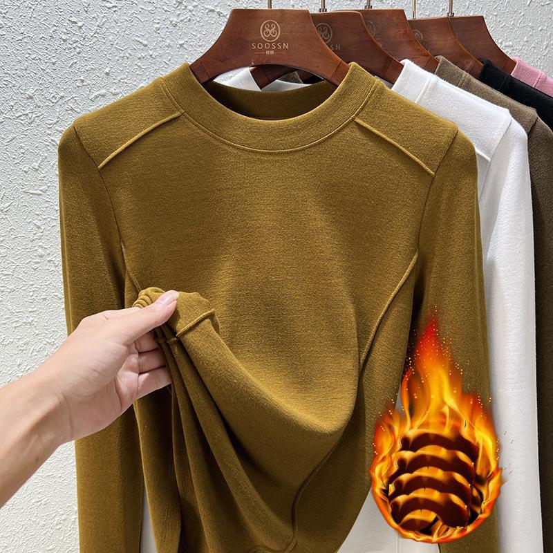 Autumn and Winter Women's Bottoming Shirt Brushed Fleece Long Sleeve Blouse Inner Bottoming Shirt Design Tops