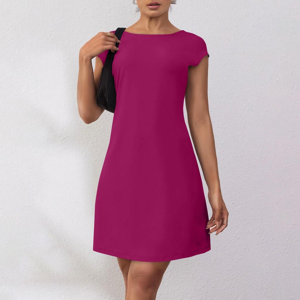 Женское летнее повседневное платье-футболка с открытой спиной и короткими рукавами, вечерние платья с круглым вырезом