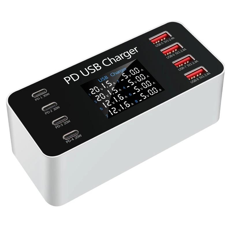 A9 65 Вт 8-портовое USB PD Зарядное устройство 4 USB-A + 4 USB-C PD Быстрая зарядка Настольная зарядная станция EU Plug US Plug с AC-кабелем длиной 1,2 м