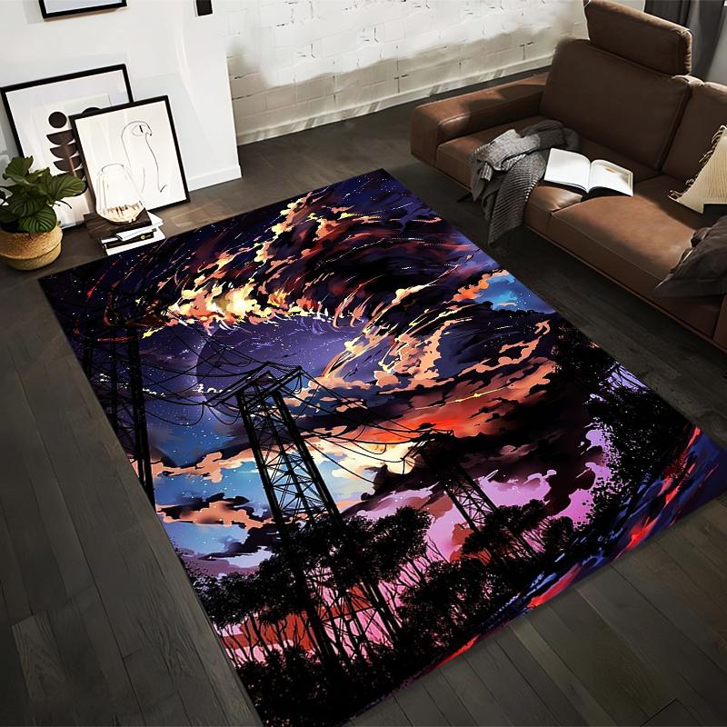 Vibrant Night Sky Inspired Carpet with Powerlines and Fiery Clouds Suitable for use as an anti-slip for living room bedroom sofas